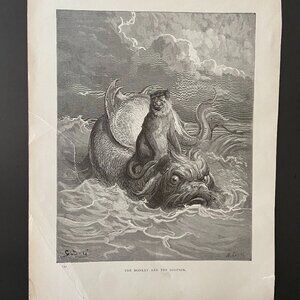 Gustave Dore,  Woodcut Engraving, Antique Print, The Monkey and the Dolphin